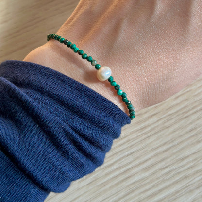 Malachite And Freshwater Pearl Beaded Bracelet