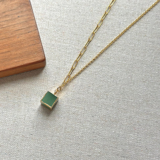Aventurine Cube Asymmetric Gold-plated Sterling Silver Necklace