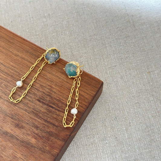 Two-way Opal And Freshwater Pearl Chain Ear Stud