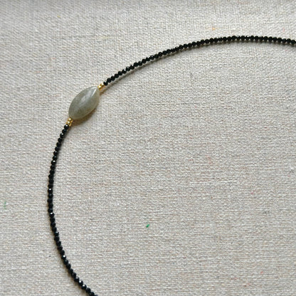 Black Spinel And Labradorite Asymmetric Beaded Necklace