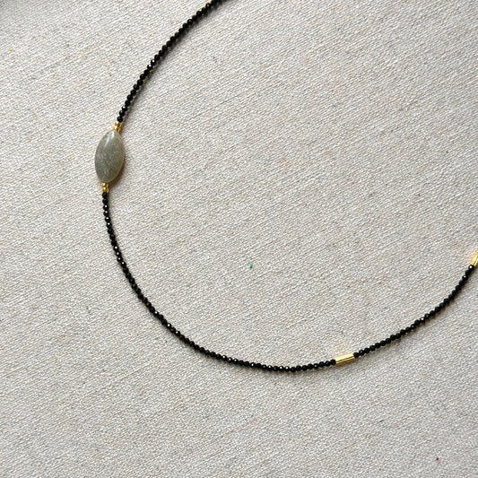 Black Spinel And Labradorite Asymmetric Beaded Necklace