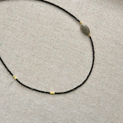 Black Spinel And Labradorite Asymmetric Beaded Necklace