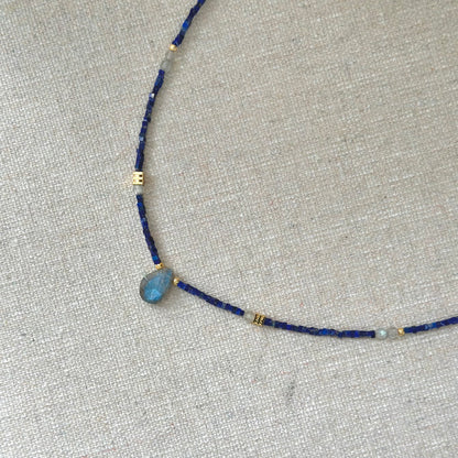 Lapis Cubed Beaded And Labradorite Necklace
