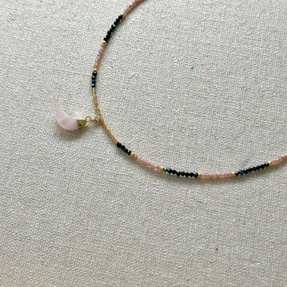 Blue Sapphire Black Spinel Mixed Rhodochrosite Beaded Necklace
