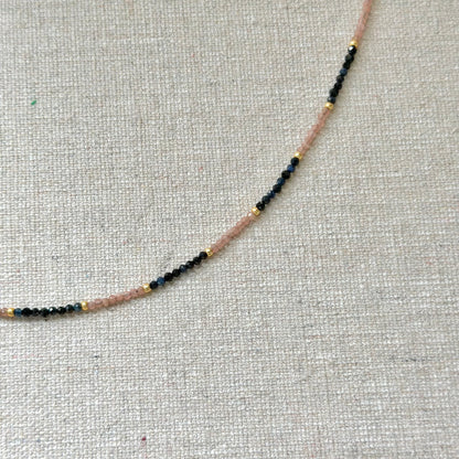Blue Sapphire Black Spinel Mixed Rhodochrosite Beaded Necklace
