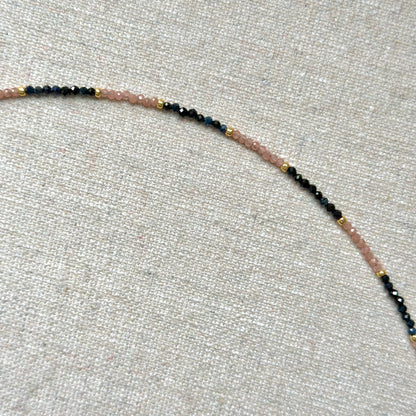 Blue Sapphire Black Spinel Mixed Rhodochrosite Beaded Necklace