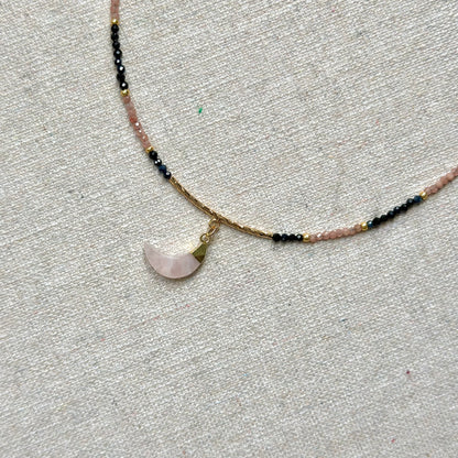Blue Sapphire Black Spinel Mixed Rhodochrosite Beaded Necklace