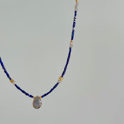 Lapis Cubed Beaded And Labradorite Necklace