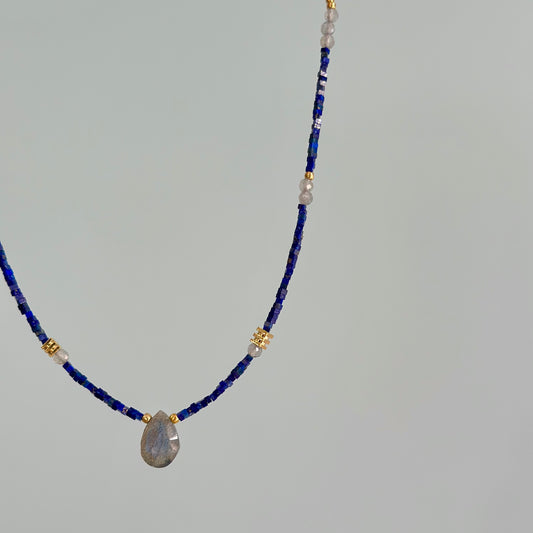 Lapis Cubed Beaded And Labradorite Necklace