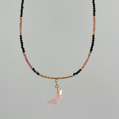Blue Sapphire Black Spinel Mixed Rhodochrosite Beaded Necklace