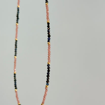 Blue Sapphire Black Spinel Mixed Rhodochrosite Beaded Necklace
