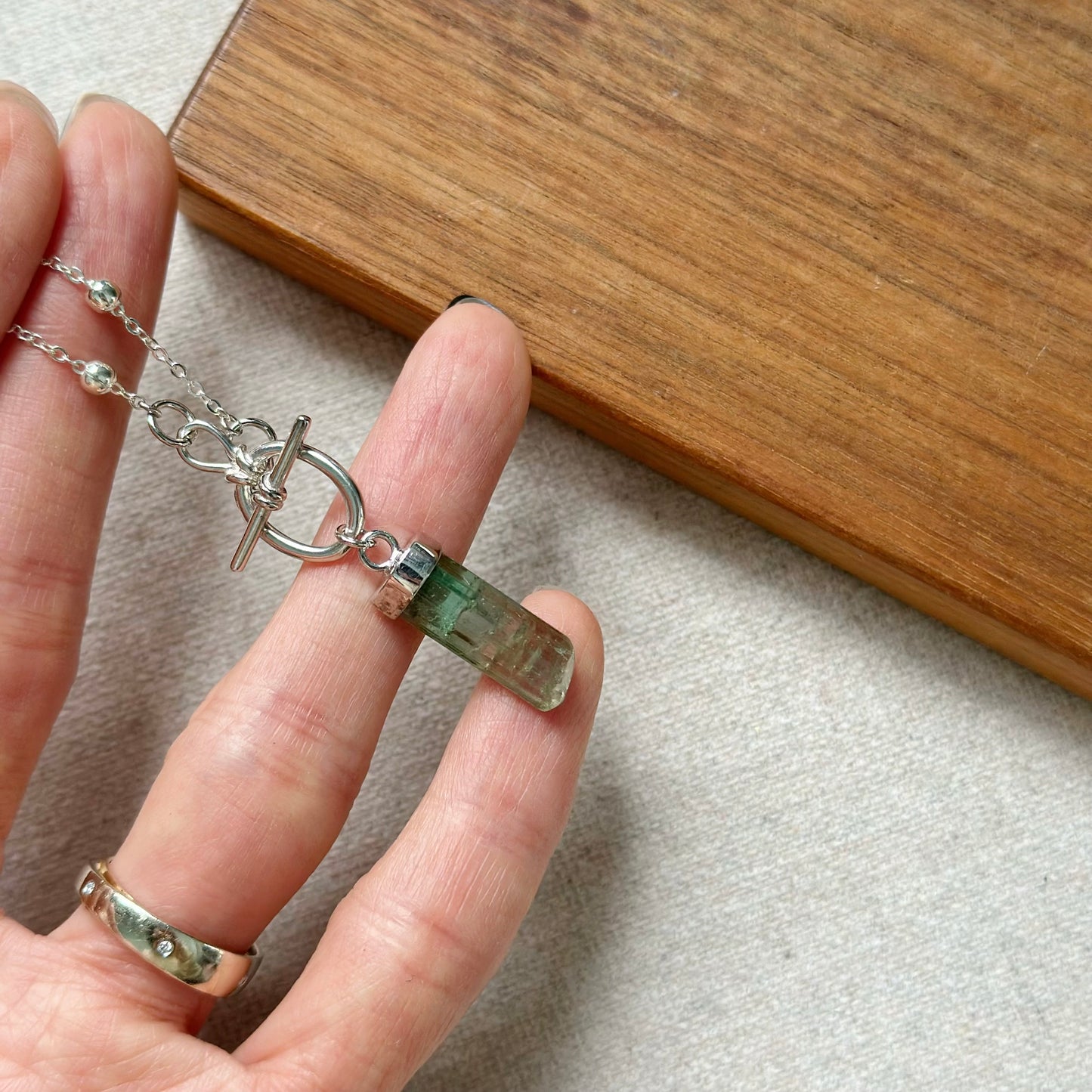 Watermelon Tourmaline Raw Stone Hoop Toggle Sterling Silver Necklace