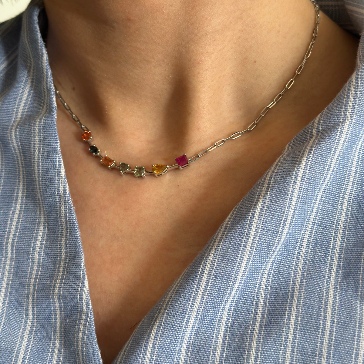 Rainbow Sapphire And Ruby Geometric Paperclip Chain Sterling Silver Necklace