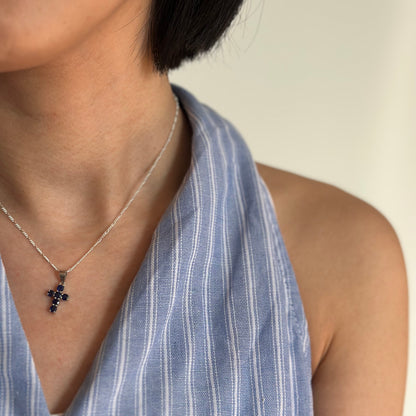 Sapphire Cross Pendant Sterling Silver Necklace