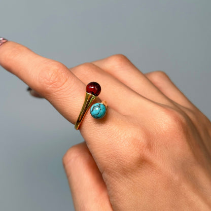 Amber And Turquoise Adjustable Gold-plated Ring