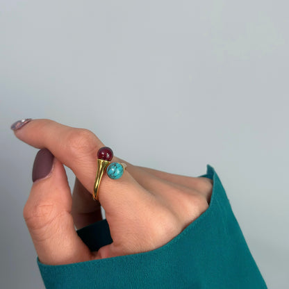 Amber And Turquoise Adjustable Gold-plated Ring