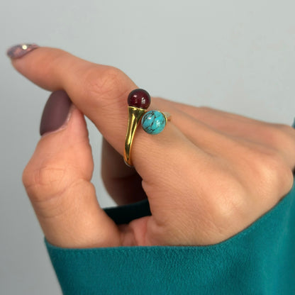 Amber And Turquoise Adjustable Gold-plated Ring