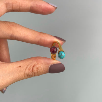 Amber And Turquoise Adjustable Gold-plated Ring