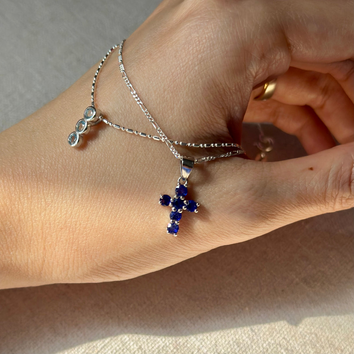 Sapphire Cross Pendant Sterling Silver Necklace