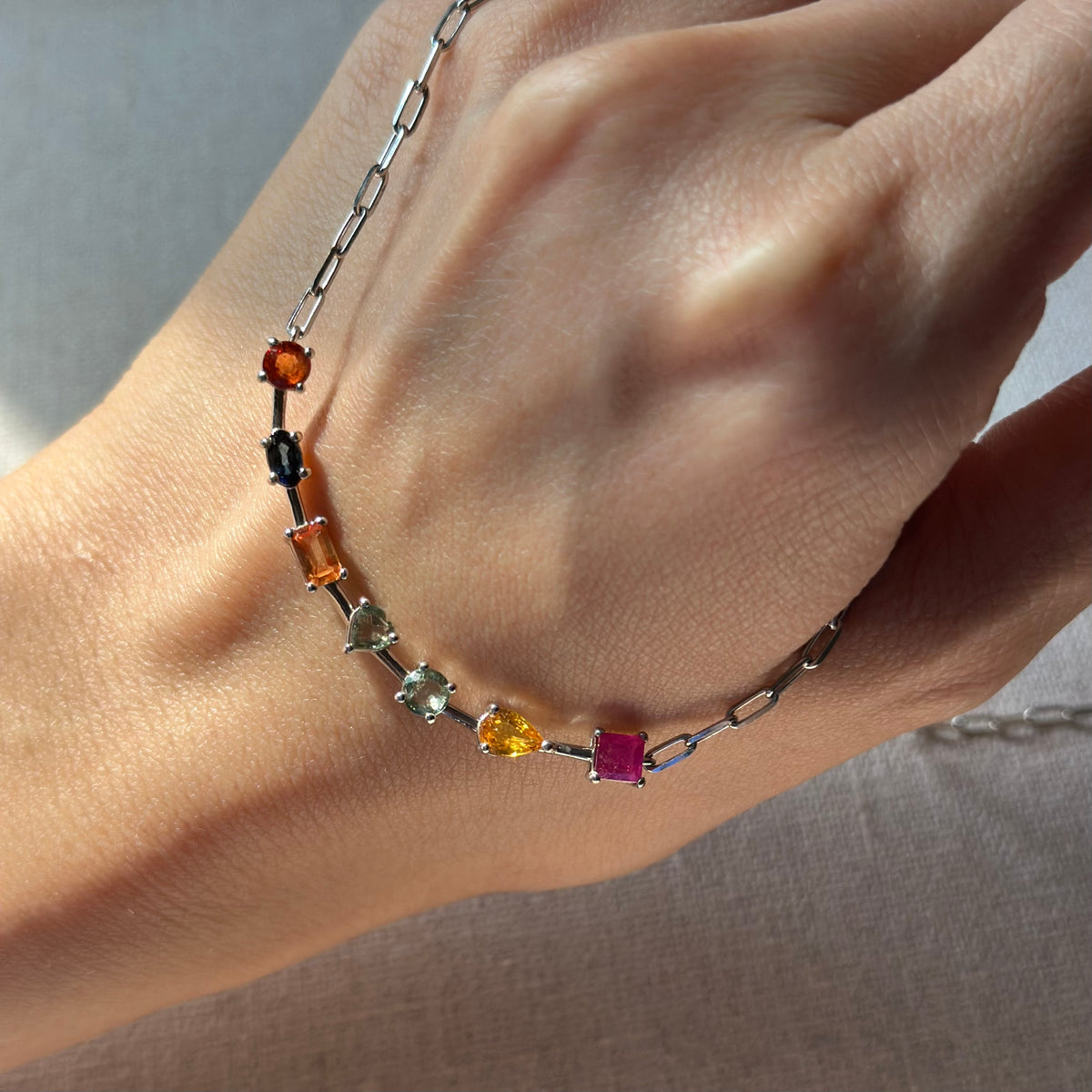 Rainbow Sapphire And Ruby Geometric Paperclip Chain Sterling Silver Necklace