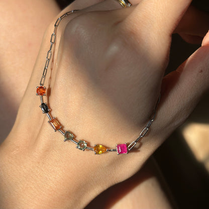 Rainbow Sapphire And Ruby Geometric Paperclip Chain Sterling Silver Necklace