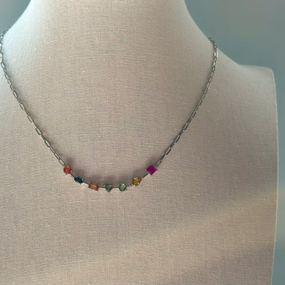 Rainbow Sapphire And Ruby Geometric Paperclip Chain Sterling Silver Necklace