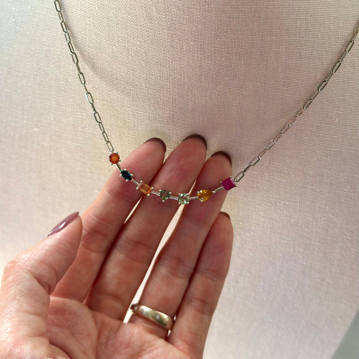 Rainbow Sapphire And Ruby Geometric Paperclip Chain Sterling Silver Necklace