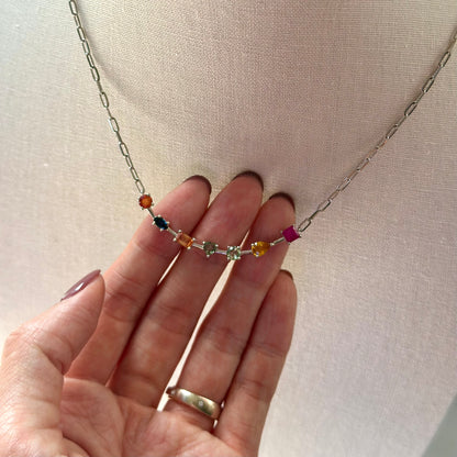 Rainbow Sapphire And Ruby Geometric Paperclip Chain Sterling Silver Necklace