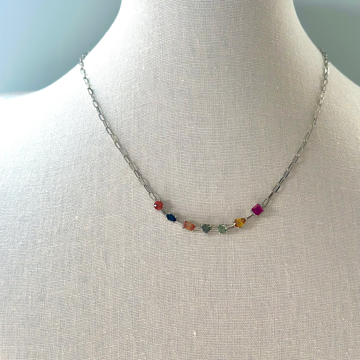 Rainbow Sapphire And Ruby Geometric Paperclip Chain Sterling Silver Necklace