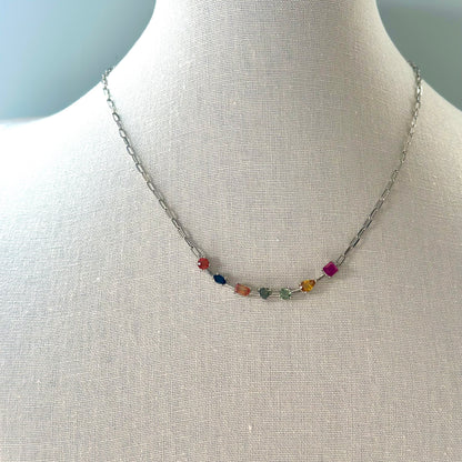 Rainbow Sapphire And Ruby Geometric Paperclip Chain Sterling Silver Necklace