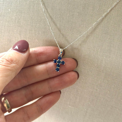 Sapphire Cross Pendant Sterling Silver Necklace
