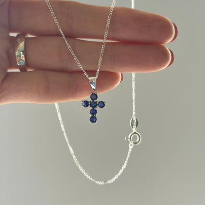 Sapphire Cross Pendant Sterling Silver Necklace