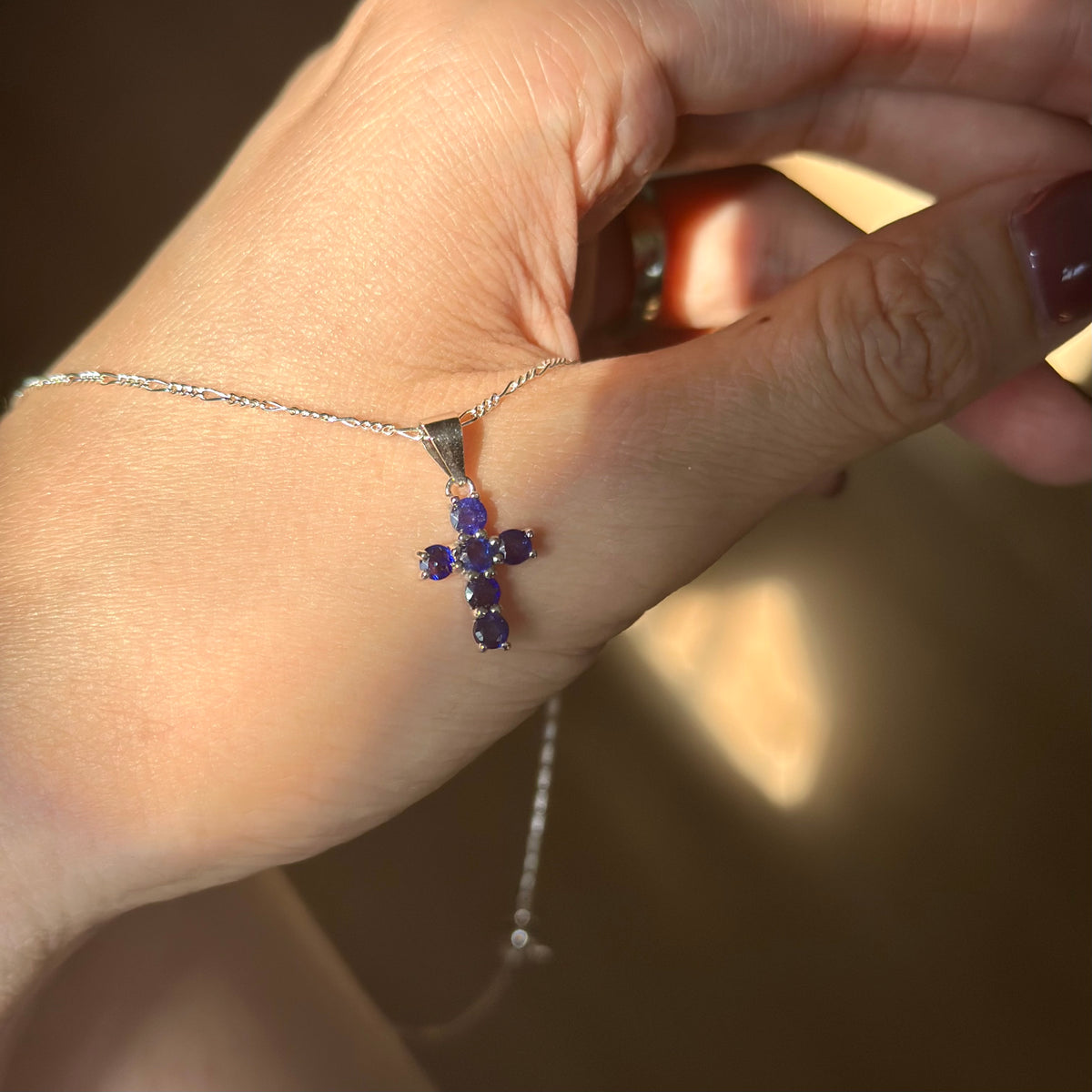Sapphire Cross Pendant Sterling Silver Necklace