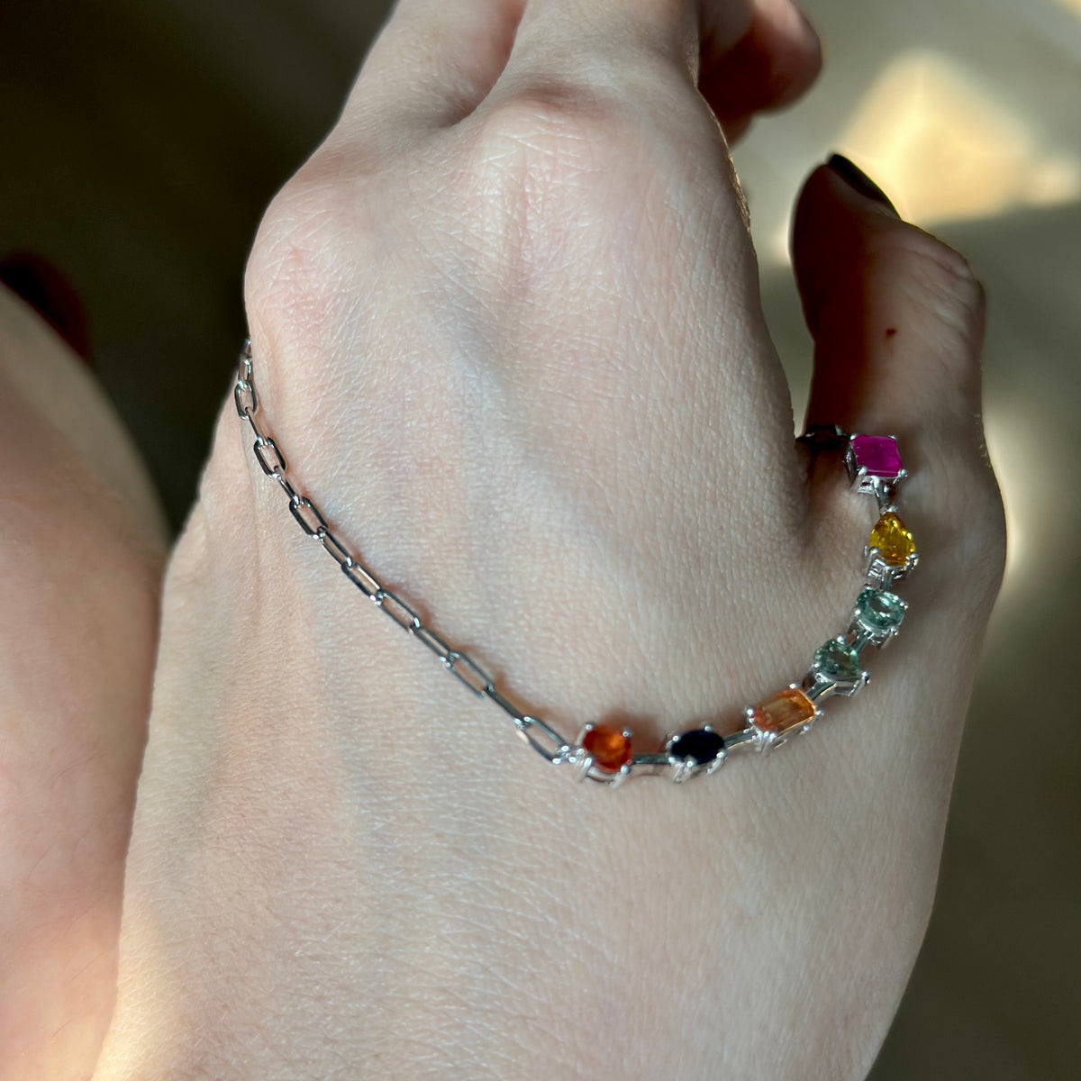 Rainbow Sapphire And Ruby Geometric Paperclip Chain Sterling Silver Necklace