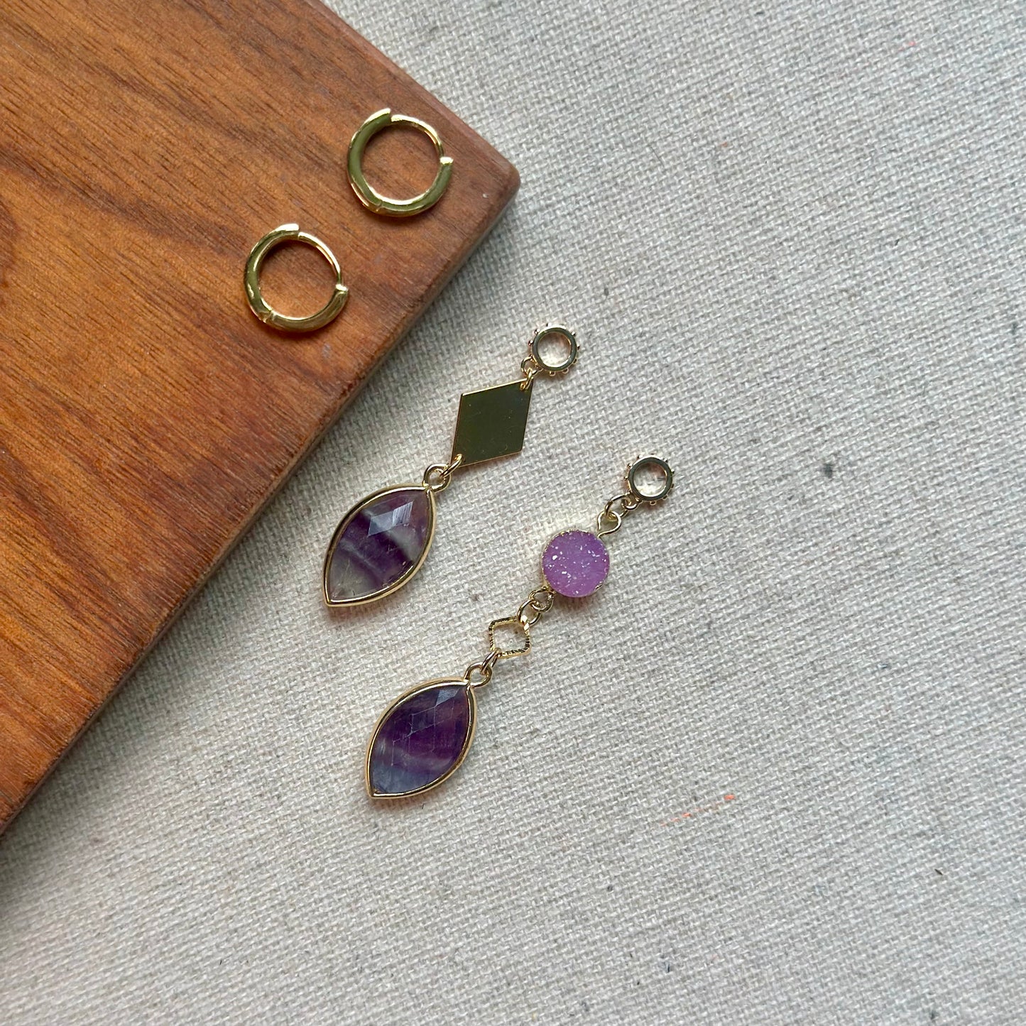 Fluorite And Druzy Stone Two-way Gold-plated Ear Hoop