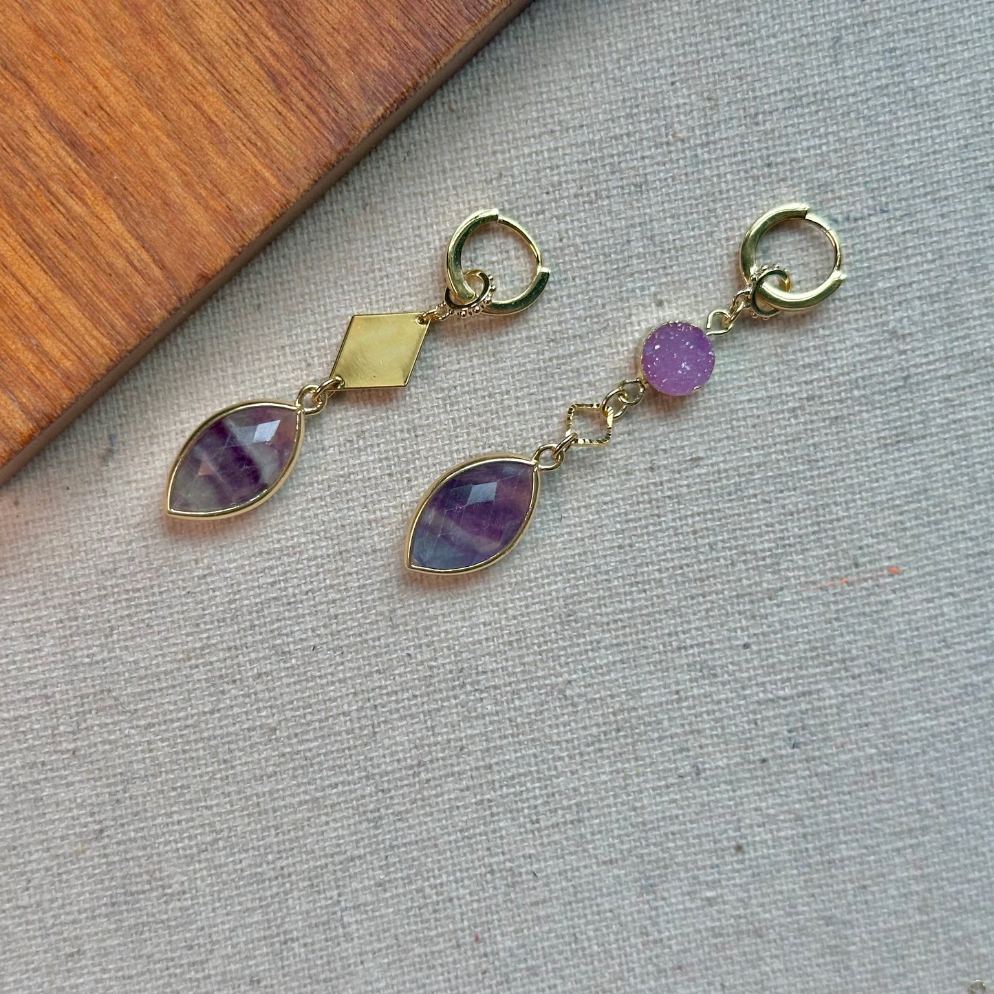 Fluorite And Druzy Stone Two-way Gold-plated Ear Hoop