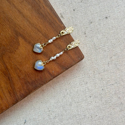 Moonstone Heart And Freshwater Pearl Gold-plated Earring