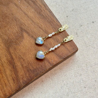 Moonstone Heart And Freshwater Pearl Gold-plated Earring