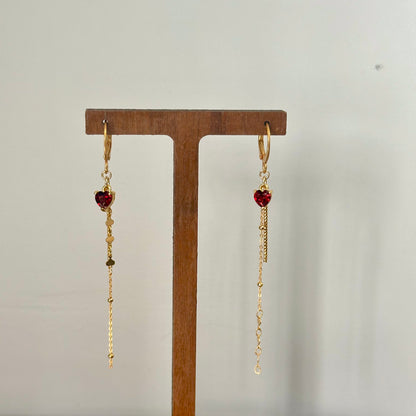 Garnet Heart Dangling Chain Gold-plated Ear Hoop