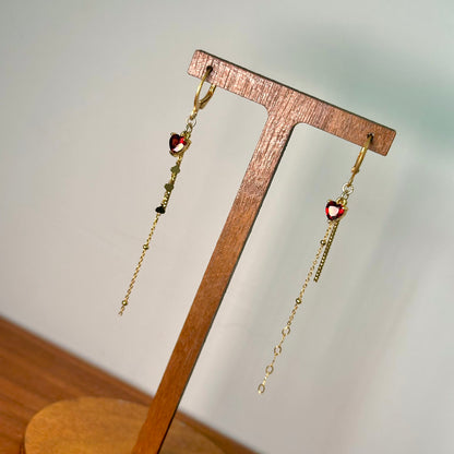 Garnet Heart Dangling Chain Gold-plated Ear Hoop