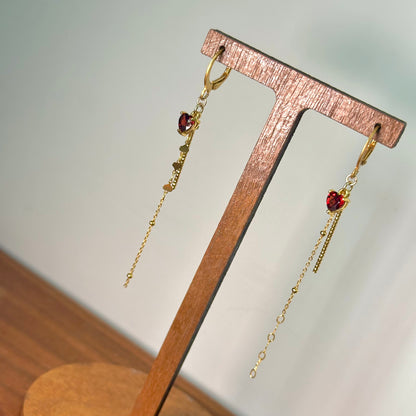 Garnet Heart Dangling Chain Gold-plated Ear Hoop