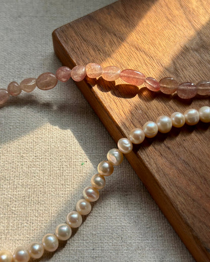 Strawberry Quartz And Freshwater Pearl Beaded Necklace