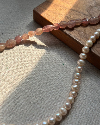 Strawberry Quartz And Freshwater Pearl Beaded Necklace