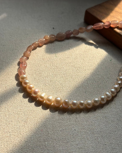 Strawberry Quartz And Freshwater Pearl Beaded Necklace