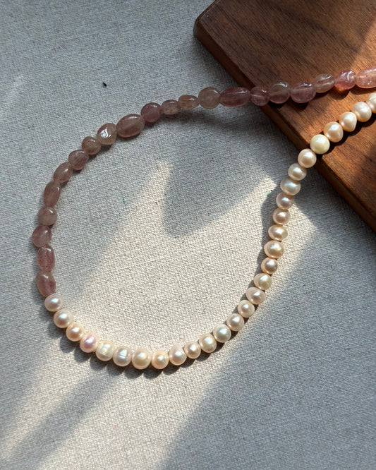 Strawberry Quartz And Freshwater Pearl Beaded Necklace