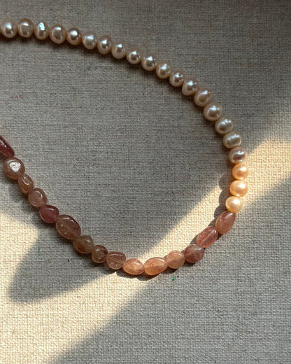 Strawberry Quartz And Freshwater Pearl Beaded Necklace