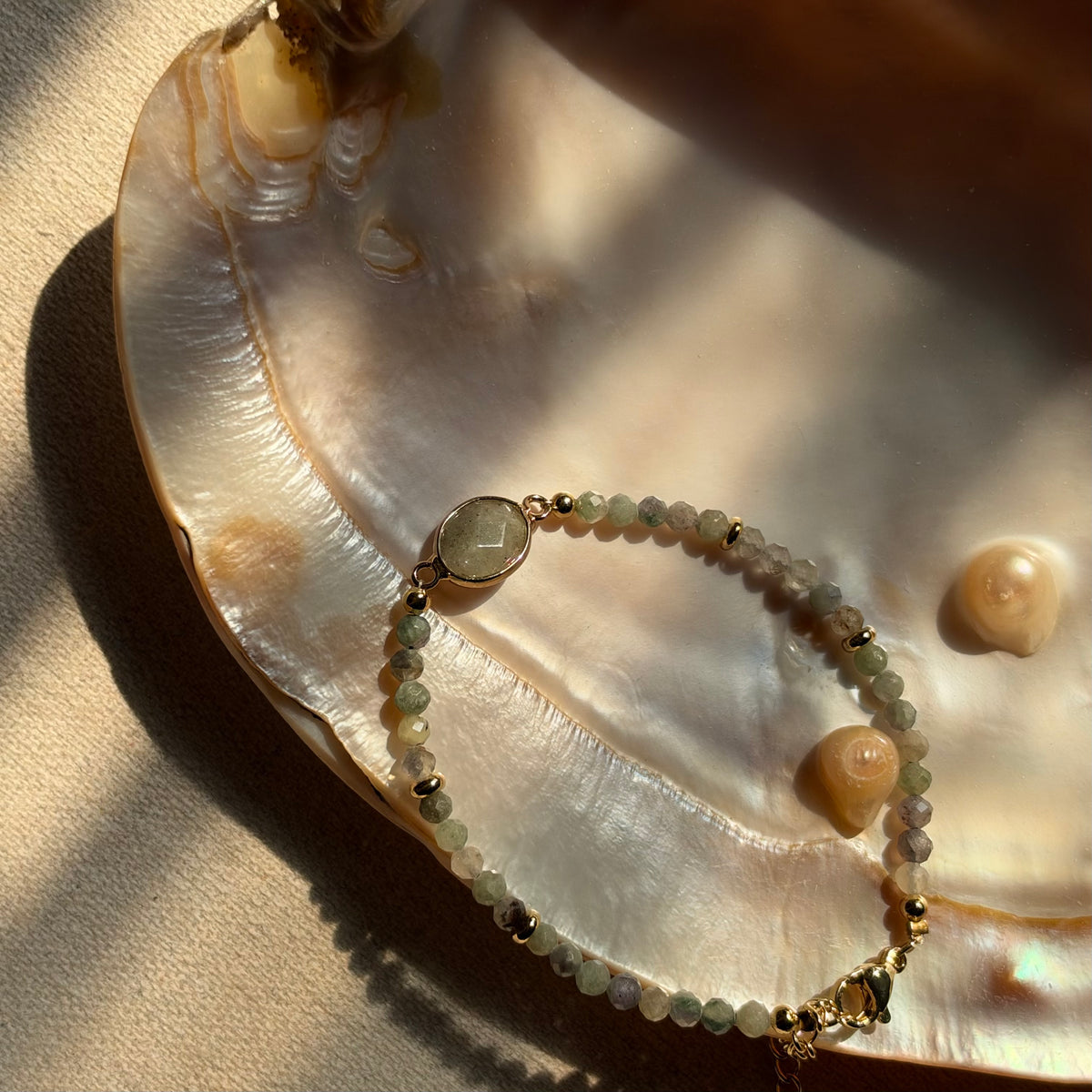 Aquamarine And Labradorite Beaded Adjustable Gold-plated Bracelet