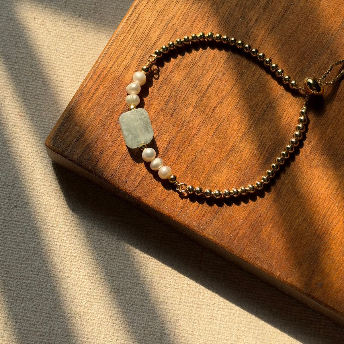 Aquamarine And Freshwater Pearl Beaded Adjustable Gold-plated Bracelet