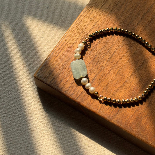 Aquamarine And Freshwater Pearl Beaded Adjustable Gold-plated Bracelet
