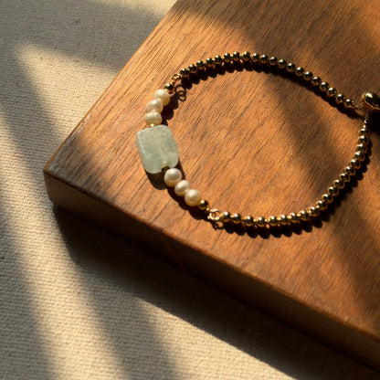 Aquamarine And Freshwater Pearl Beaded Adjustable Gold-plated Bracelet